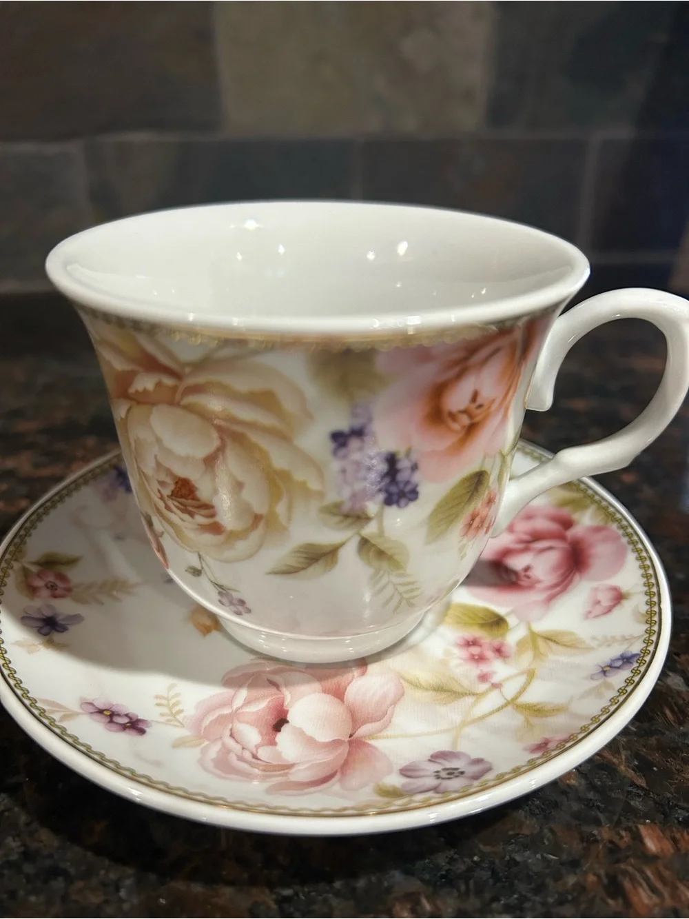 Elegant Floral Porcelain Tea Cup and Saucer - Pink and Cream
